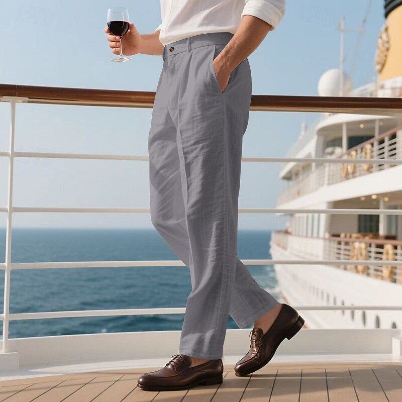 Men's Linen Pants Trousers Summer Pants Casual Pants Buttons Straight Leg Plain Comfort Breathable Full Length Party Business Holiday Fashion Streetwear Black White2
