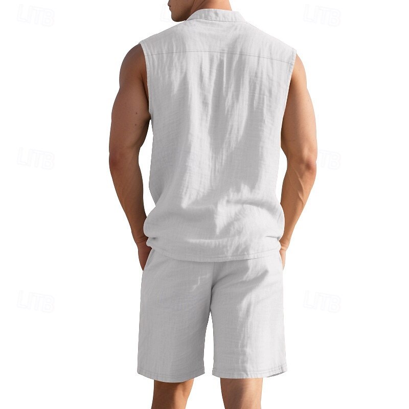 Men's T-shirt Suits 2 Pieces Outfits Tee & Shorts Sleeveless Lapel Summer Plain Fashion Casual 2 Piece Vacation Daily Wear Going out Black White Yellow Top Tee for Men3