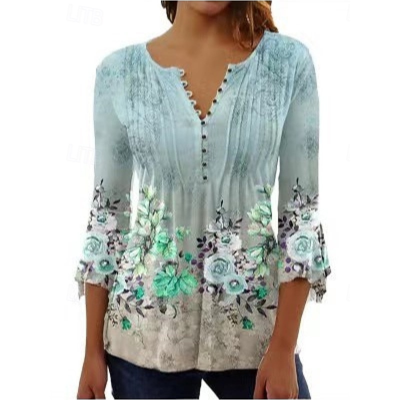 Women's Texture Blouse Blouse Floral Daily Stylish 3/4 Length Sleeve Crew Neck Regular Tops Daily Holiday Buttons Print Green Summer Spring