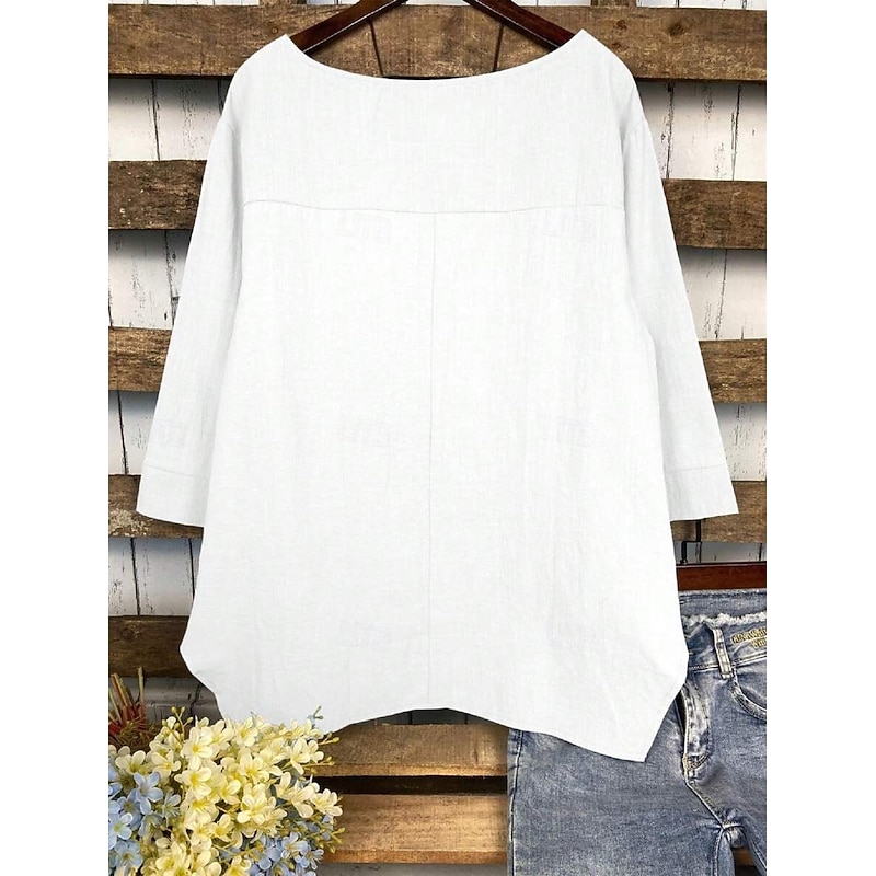 Women's Cotton Linen Blouse Solid Color Elegant Casual 3/4 Length Sleeve Crew Neck Boat Neck Regular Tops Daily Holiday Black White Navy Blue Green Summer Fall3