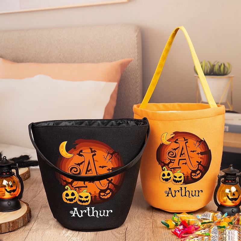 Personalized Name Halloween Treat Bag for Kids Custom Candy Tote Bag Basket for Trick or Treat, Personalized Letters and Names, Natural Linen Candy Bag, Breathable and Durable, Best Trick-or-Treat Gift for Children