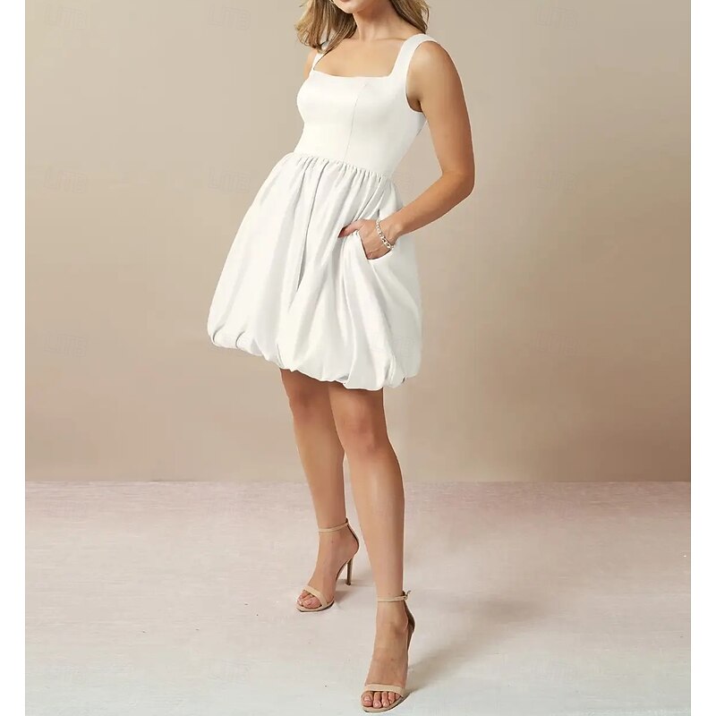 Engagement Little White Dresses Wedding Dresses A-Line Square Neck Sleeveless Short / Mini Taffeta Bridal Gowns With Pleats4