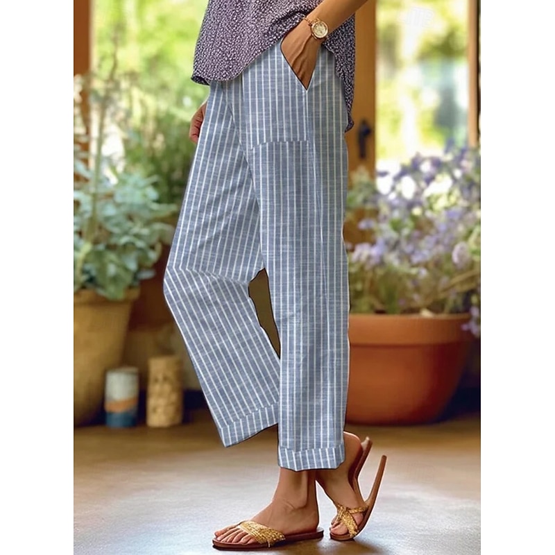 Women's Chinos Straight Vacation Vintage Ethnic Style Full Length High Waist Stripe Lines / Waves Stripe Soft Outdoor Breathable Micro-elastic Outdoor Vacation Casual White Blue Light Blue Fall Loose2