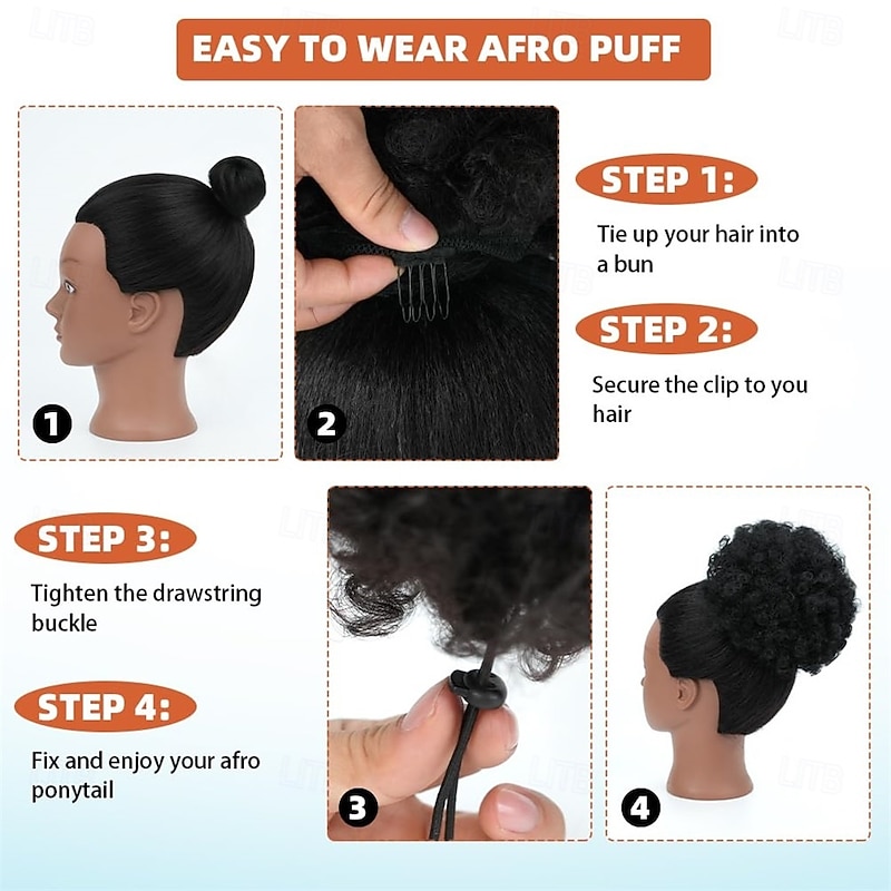 Afro Puff Drawstring Ponytail Extension Short Afro Wigs Curly Bun Hair Pieces For Women Clip On Kinky Curly Synthetic Hairpieces Natural Black 1B2