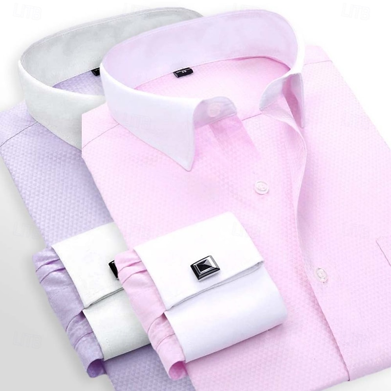 Men's Shirt Dress Shirt French Cuff Shirt Plain Wedding Business Pink+Purple Blue+Light Blue Yellow+Blue Yellow+pink Long Sleeve Collar All Seasons Clothing Apparel Pocket4