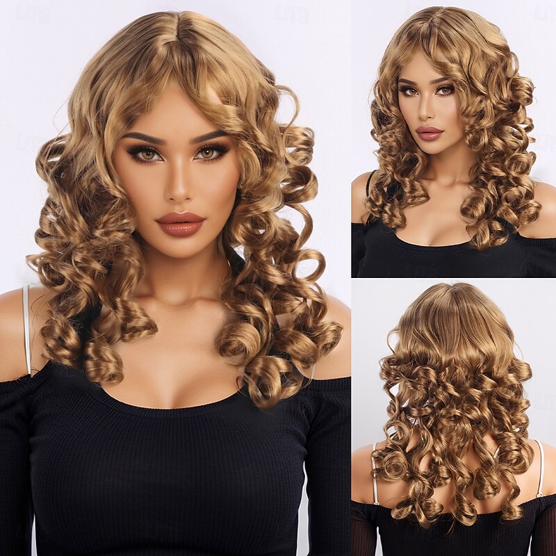 Synthetic Wig Curly Wavy Asymmetrical With Bangs Machine Made Wig 18 inch A1 Synthetic Hair Women's Classic Comfortable Color Gradient Multi-color