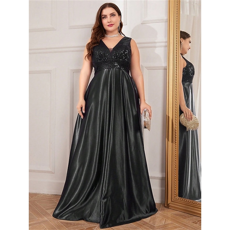 A-Line Plus Size Dresses Elegant Curve Dress Formal Wedding Floor Length Sleeveless V Neck Satin V Back with Pleats