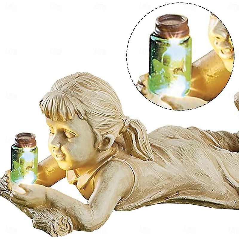 1 Pc Outdoor Solar Landscape Lights Lying Boy Lying Down Girl Glowing Firefly Countryside Courtyard Garden Path Lawn Ornament Light4
