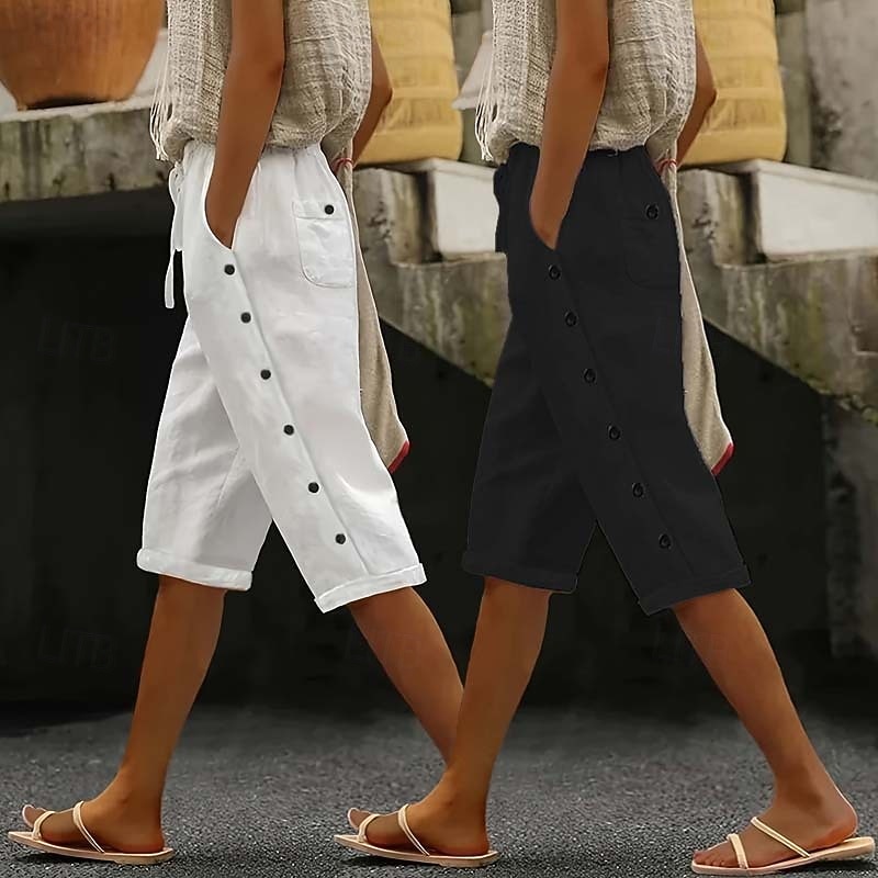 Women's Chinos Crop Ethnic Style Basic Casual Knee Length High Waist Plain Pocket Comfy Soft Comfortable Micro-elastic Outdoor Street Black White Summer Regular Fit