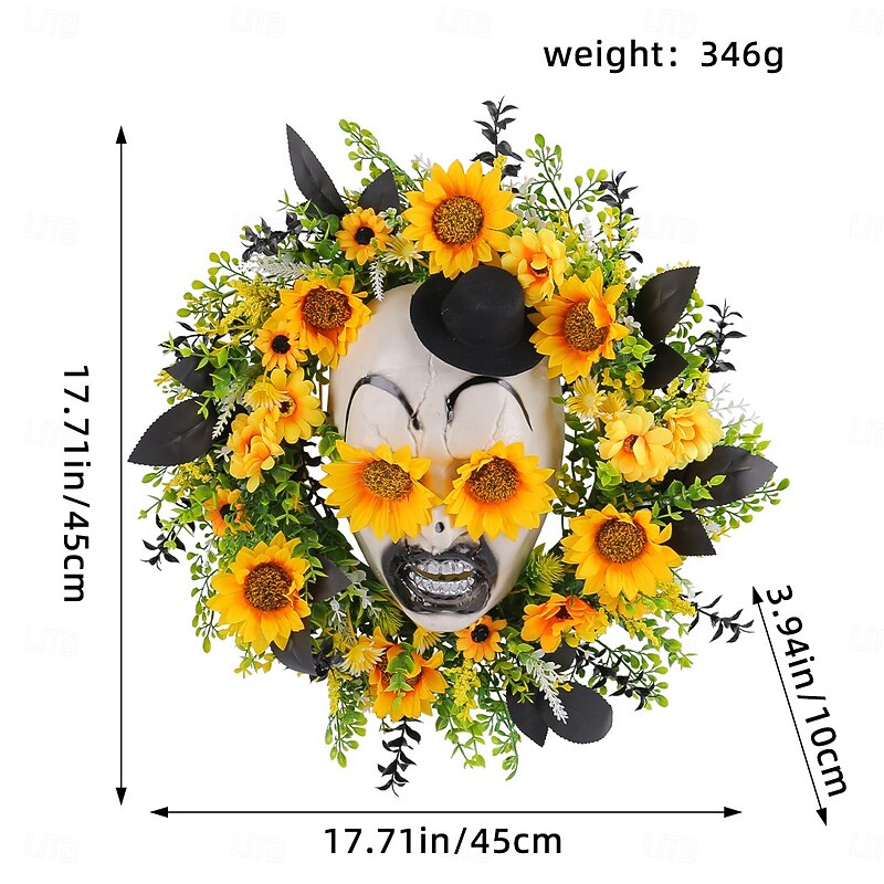 Halloween Wreaths for Front Door Indoor Outdoor Decoration, Sunflower Skull Top Hat Floral Wreath for Holiday Porch Wall Hanging Decor3