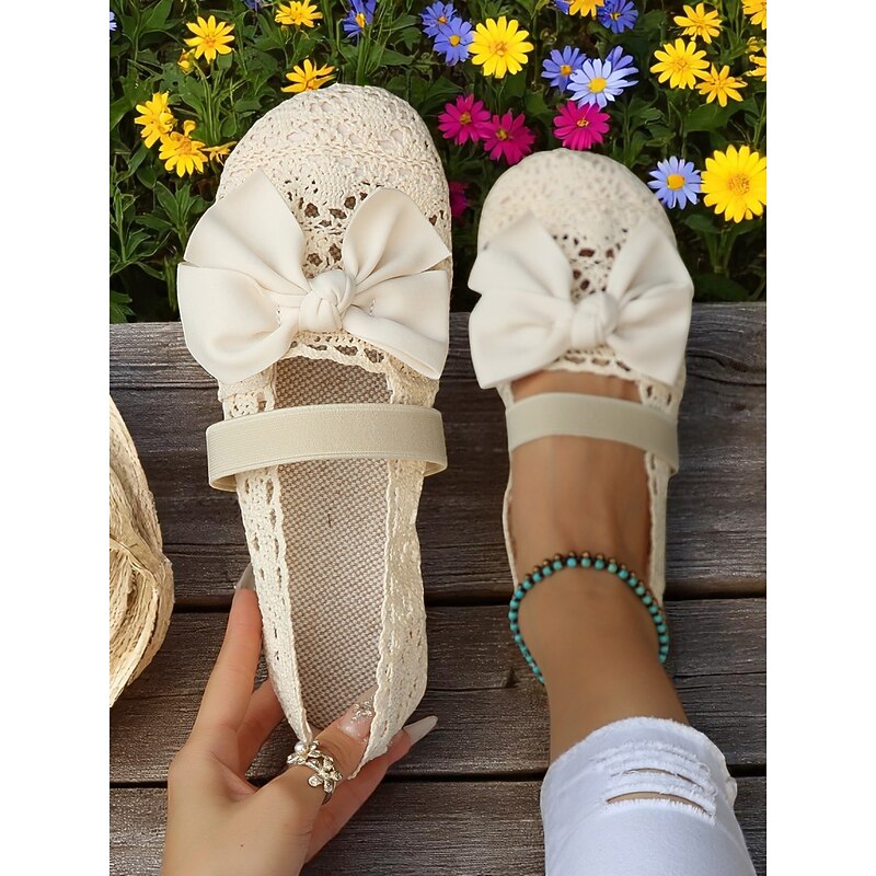 Women's Wide Width Crochet Lace Flats with Bow – Lightweight Romantic Style for Garden Dates, Summer Picnics and Casual Outdoor Events2