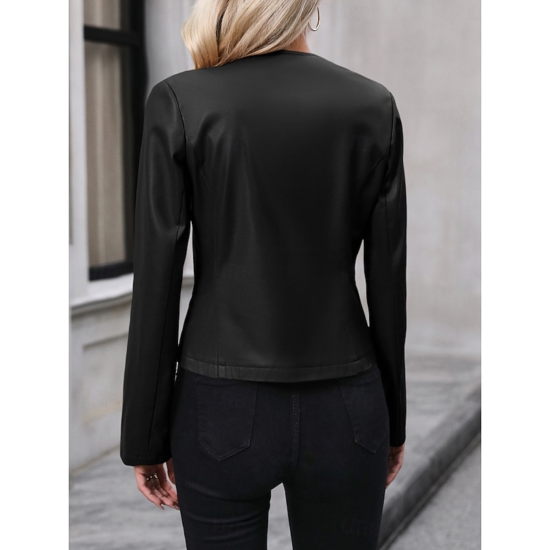 Women's Faux Leather Jacket Casual Jacket Comfortable Breathable Zipper Casual Plain Vacation Street Casual Daily Wear Zipper Short Crewneck Regular Fit Long Sleeve Outerwear Black Brown Apricot4