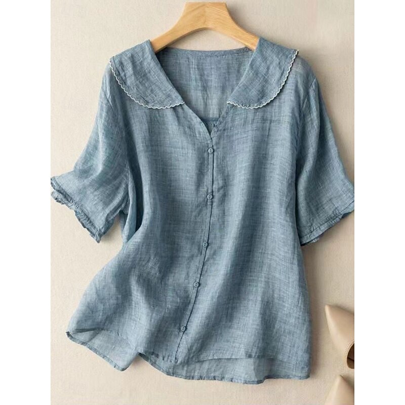 Women's Cotton Linen Shirts Solid Color Basic Casual Short Sleeve Shirt Collar Regular Tops Daily Buttons White Pink Blue Orange Green Summer Spring3