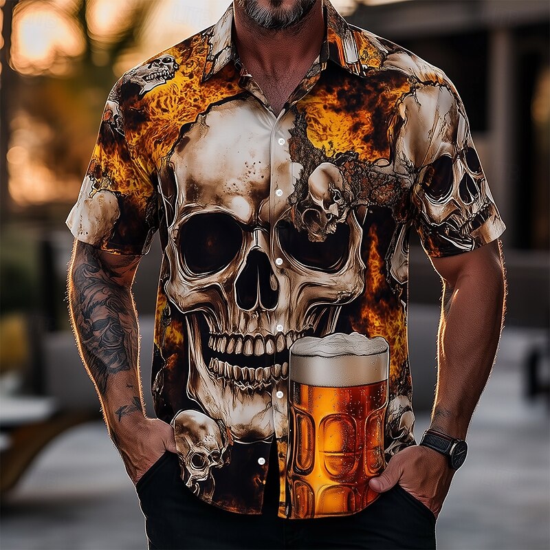 Men's 3D Oktoberfest Beer Skulls Shirt Summer Shirt Button Up Shirt Short Sleeve Vintage Retro Outdoor Holiday Summer Spring Turndown 3D Print Collared Shirts Orange