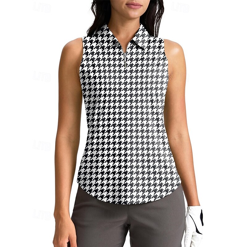 Women's Houndstooth Sport Shirt Golf Polo Shirt Tennis Shirt Sleeveless Zipper High Elasticity Moisture Wicking Breathable Tennis Golf Pickleball Turndown Zip Collar Shirt Top Black Red Blue Tennis