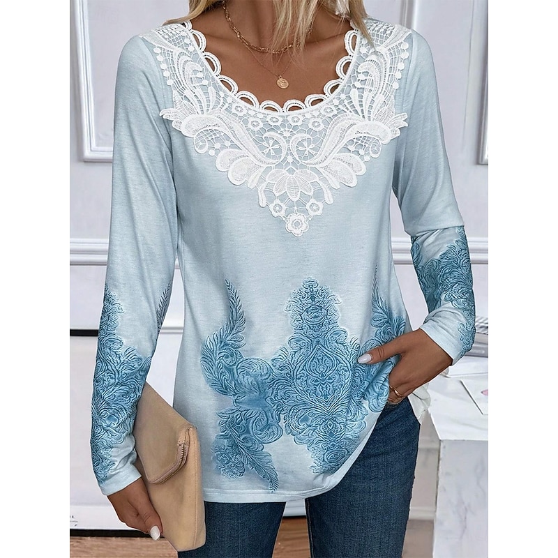 Women's Blouse Tunic Lace Splicing V Neck Long Sleeve Graphic Geometric Casual Crew Neck Regular Tops Daily Lace Pink Blue Purple Green Spring Fall