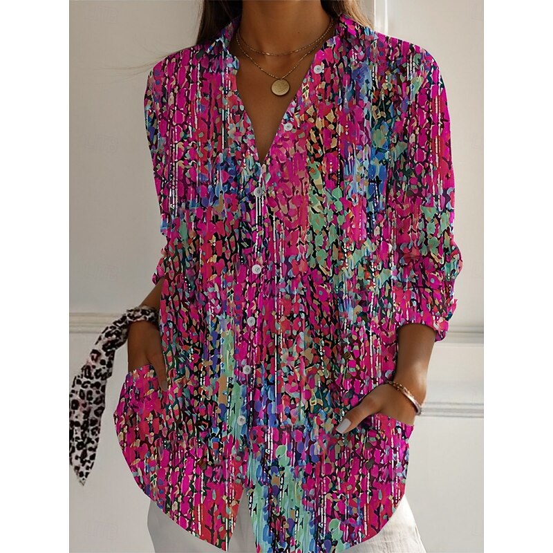 Women's Shirt Floral Active Daily Stylish Long Sleeve Shirt Collar Regular Tops Daily Holiday Buttons Print Red Blue Fuchsia Green Spring Fall