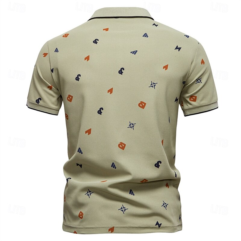 Male Abstract Short Sleeve Polo Collar Modern Sports & Outdoor Casual Athleisure Summer White Green Khaki3