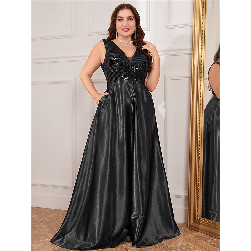 A-Line Plus Size Dresses Elegant Curve Dress Formal Wedding Floor Length Sleeveless V Neck Satin V Back with Pleats4