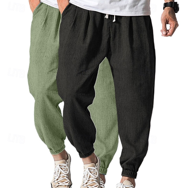 Men's Joggers Linen Pants Trousers Summer Pants Baggy Pants Drawstring Elastic Waist Plain Comfort Breathable Full Length Outdoor Casual Daily Fashion Streetwear White+Sky Blue Black+Navy Blue3