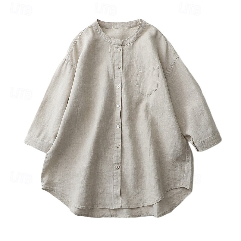 Women's Shirt Button Down Blouse Daily Retro Vintage Casual 3/4 Length Sleeve Crew Neck Regular Tops Work Daily Light Blue Forest Green Hemp White Summer Spring Fall2