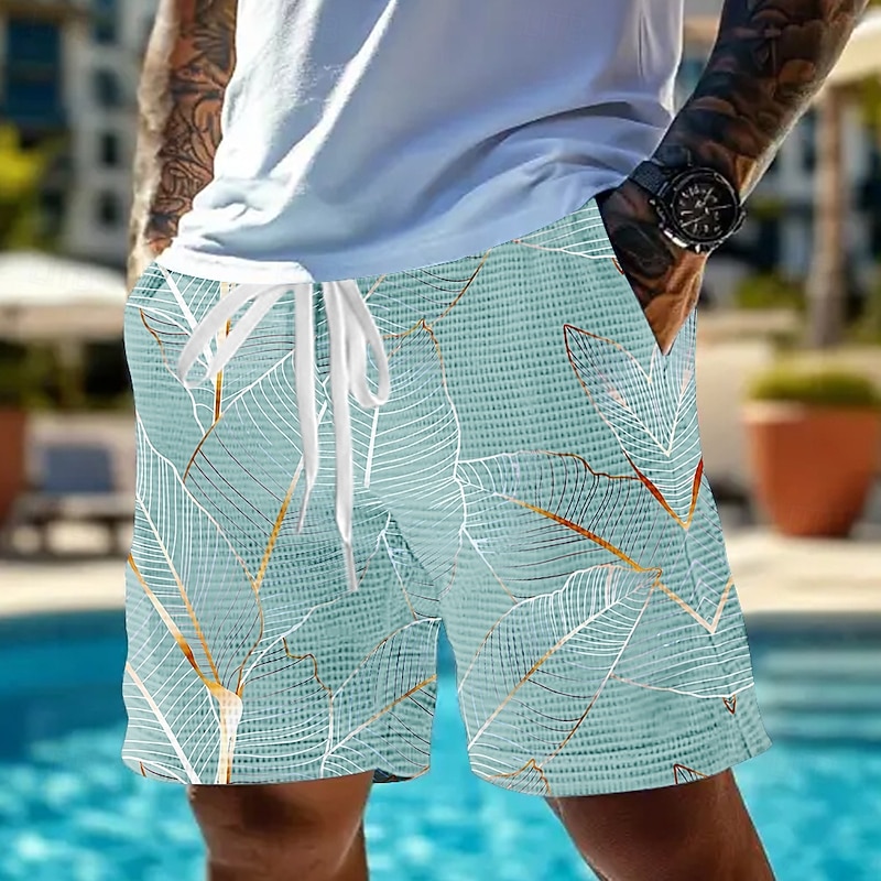 Men's Palm Leaf Tropical Plants Waffle Shorts Sweat Shorts Casual Shorts Mid Waist Fashion Casual Vacation Jogging Workout Elastic Drawstring Waist Shorts with Pockets Designer Clothing Apparel