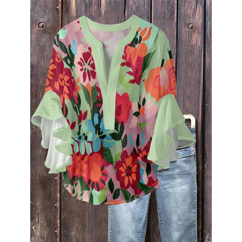 Women's Blouse Floral Stylish Modern 3/4 Length Sleeve V Neck Regular Tops Daily Holiday Ruffle Print Black Blue Green Apricot Summer4