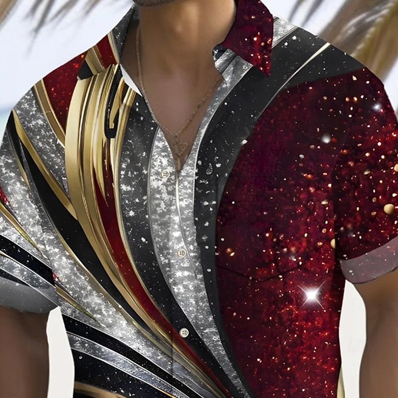 Men's Geometric Glitter Shine Line Shirt Summer Shirt Button Up Shirt Short Sleeve Fashion Casual Outdoor Vacation Dailywear Summer Spring Turndown 3D Print Collared Shirts Front One Pocket Wine2