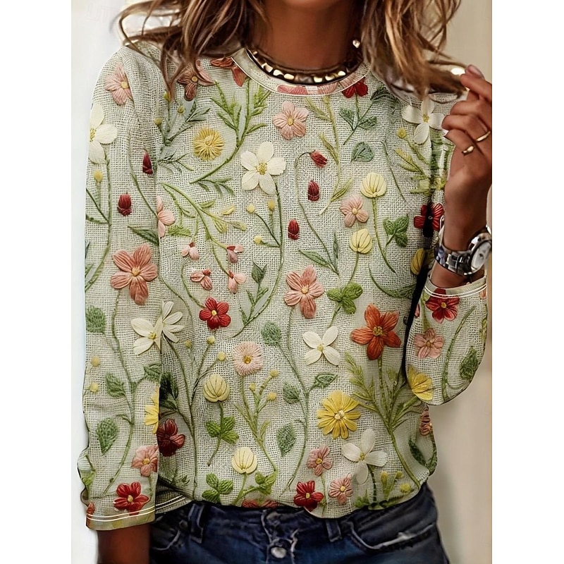 Women's T shirt Long Sleeve Crew Neck Long Sleeve Tunic Floral Graphic Casual Regular Tops Daily Print Grass Green Spring Fall Prefall