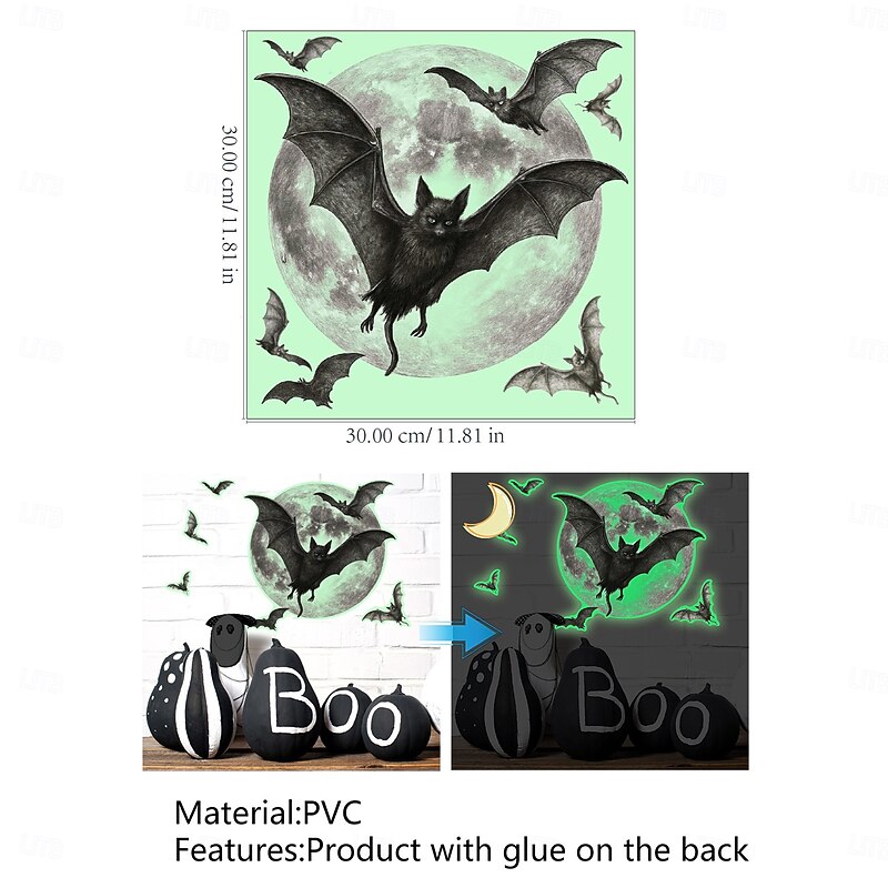 Halloween Wall Window Stickers Glow in the Dark , Moon Bat Ghost Face Decals for Day of the Dead Scene Decoration, Fluorescent Luminous Clings for Home Party Decor3