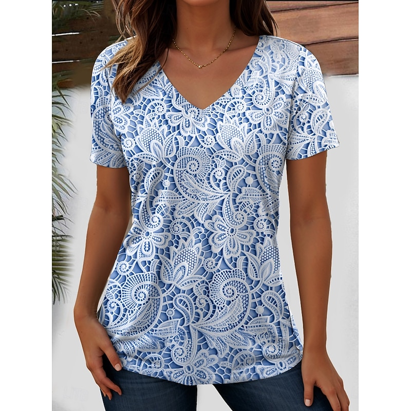 Women's T Shirt Floral Graphic Plants Vintage Fashion Hawaiian Short Sleeve V Neck Regular Tops Daily Going out Weekend Print Pink Blue Purple Green off-white Summer Spring2