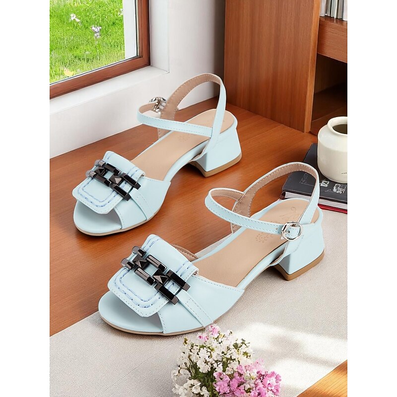 Women's Light Blue Chunky Heel Sandals with Buckle Detail – Elegant Open-Toe Dress Shoes for Ladies, Perfect for Summer Parties, Office and Casual Outings4