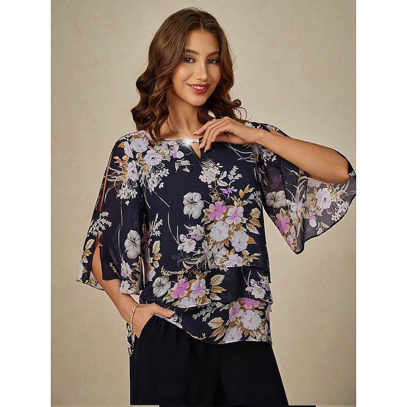 Women's Blouse Chiffon Tops Floral Graphic Elegant Daily Stylish Half Sleeve Crew Neck Regular Tops Wedding Guest Daily Semi Formal Layered Cut Out Print Navy Blue Summer Spring Fall