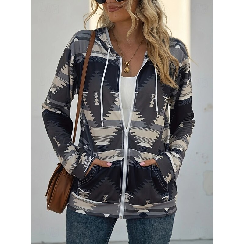Women's Hooded Sweatshirt Jacket Long Sleeve Zip Up Hoodie With Pocket Lightweight Casual Micro-elastic Oversized Geometric Striped Active Vintage Sports Drawstring Front Pocket Black Blue Gray Fall