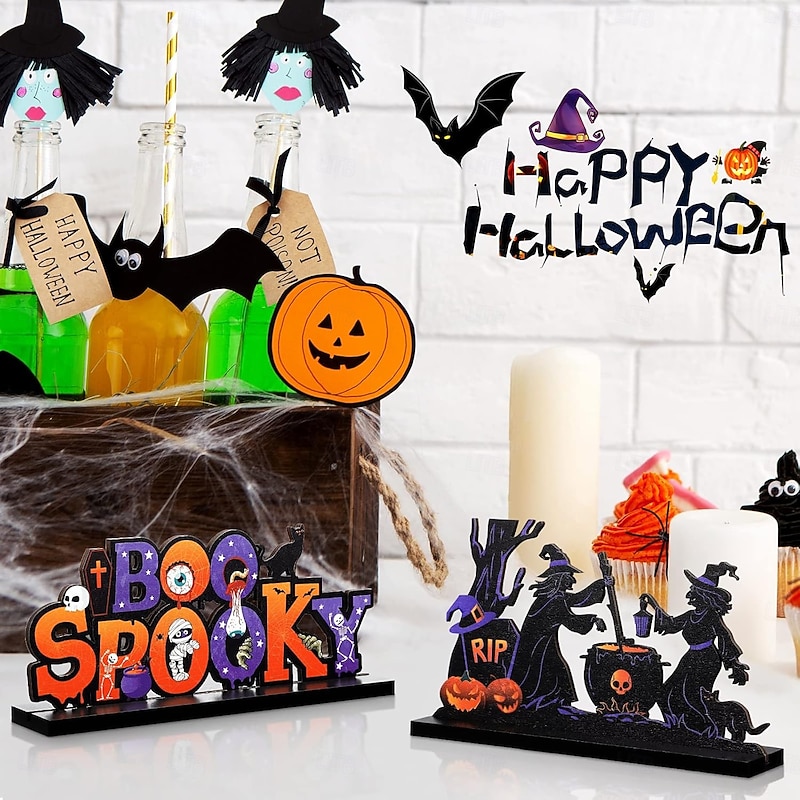 4 Pack Halloween Wooden Table Centerpiece Decorations, Trick or Treat Boo Ghost Witch Pumpkin Signs, Rustic Indoor Party Tabletop Home Decor3