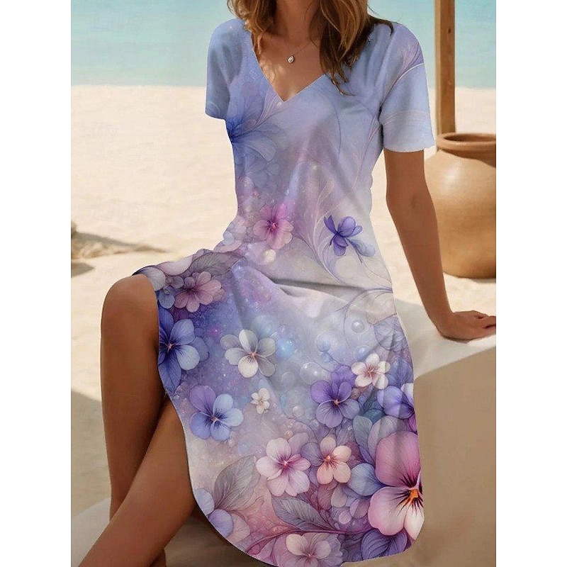 Women's Mini Dress T Shirt Dress Tee Dress Sundress A Line Dress Vacation Casual Beach Going out Beach Floral Graphic Short Sleeve V Neck Light Green Light Brown Purple Lilac Summer4