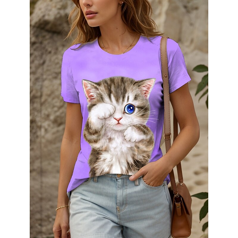 Kayomi Harai Women's T Shirt Graphic Animal Cat Vintage Cute Stylish Short Sleeve Crew Neck Round Neck Regular Tops Daily Weekend Print Blue Summer Spring4