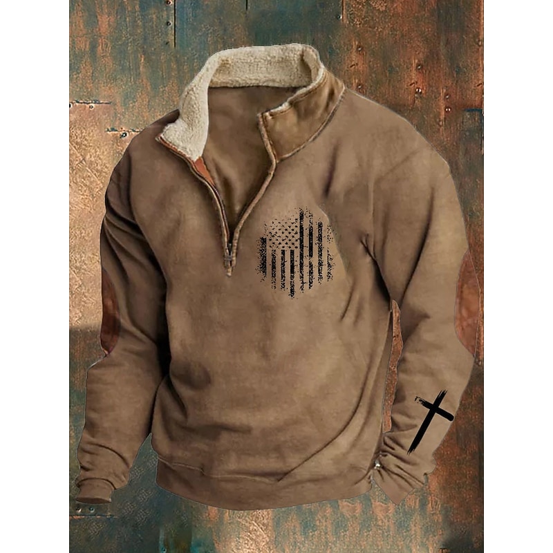 Men's Sweatshirt Quarter Zip Sweatshirt Navy Blue Brown Brown 2 Half Zip Color Block Cross American Flag Half Zip Print Sports & Outdoor Daily Holiday Polyester Vintage Streetwear Casual Fall & Winter2