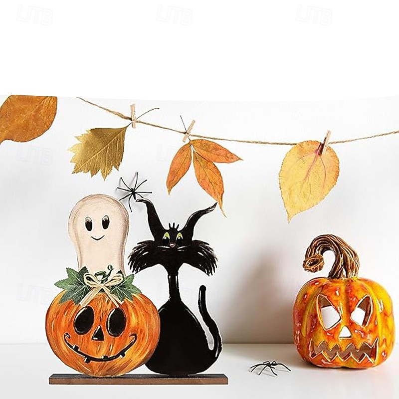 Halloween Wooden Table Signs Decorations, Rustic Pumpkin and Ghost Tiered Tray Decor, Indoor Halloween Wooden Signs for Farmhouse Living Room Tabletop Display4