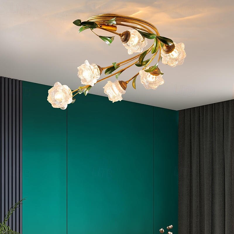 6-Light Floral Ceiling Light, Vintage Tulip Flower Semi-Flush Mount Ceiling Lamp, Gold Metal Branch with Frosted Glass Shades for Living Room, Bedroom