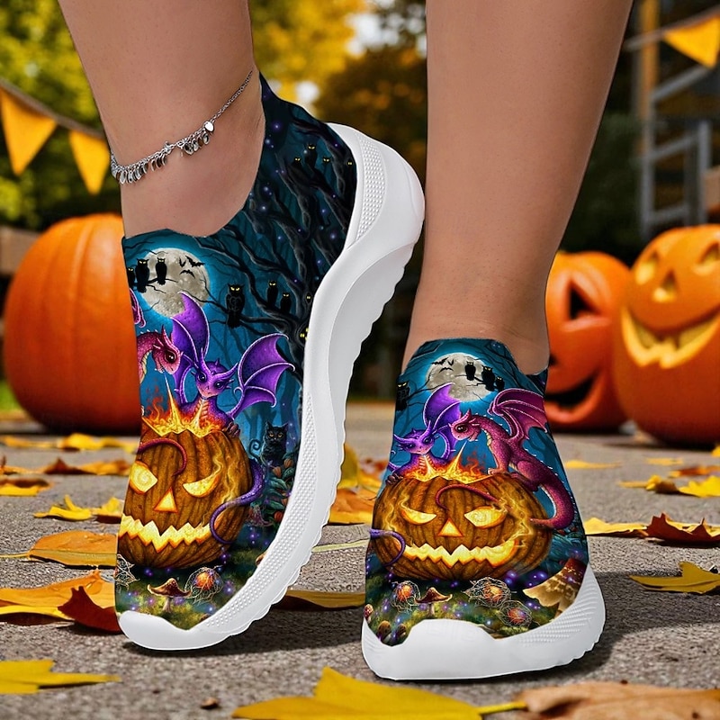 Women's Halloween Pumpkin Slip-On Shoes – Blue Flyknit Walking Sneakers with Jack-O'-Lantern Design for Spooky Nights, Haunted Events and Themed Fall Outings Sarah Richter