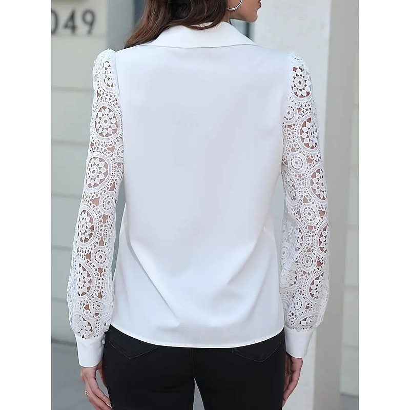 Women's Blouse Solid Color Elegant Long Sleeve Shirt Collar Regular Tops Daily Lace Buttons Cut Out Black White Spring Fall4