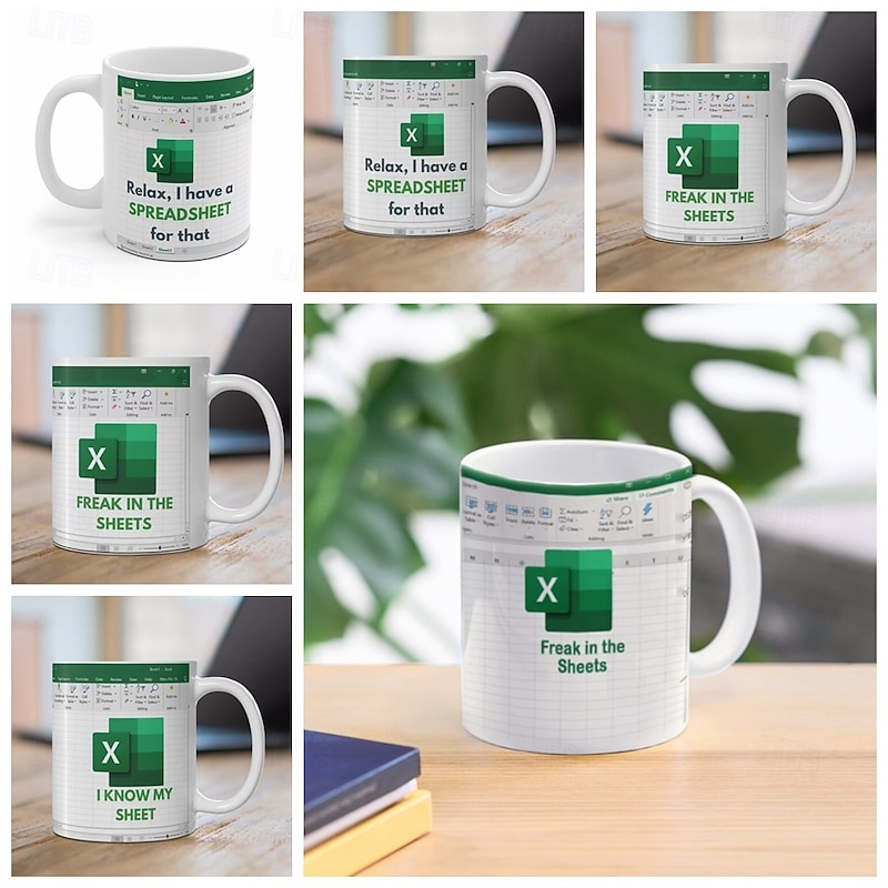 Excel Mug, Funny Office Ceramic Coffee Cup 330ml/12oz, Spreadsheet Themed White Collar Gift for Coworker, Analyst, Accountant, Boss, Work Desk Decor