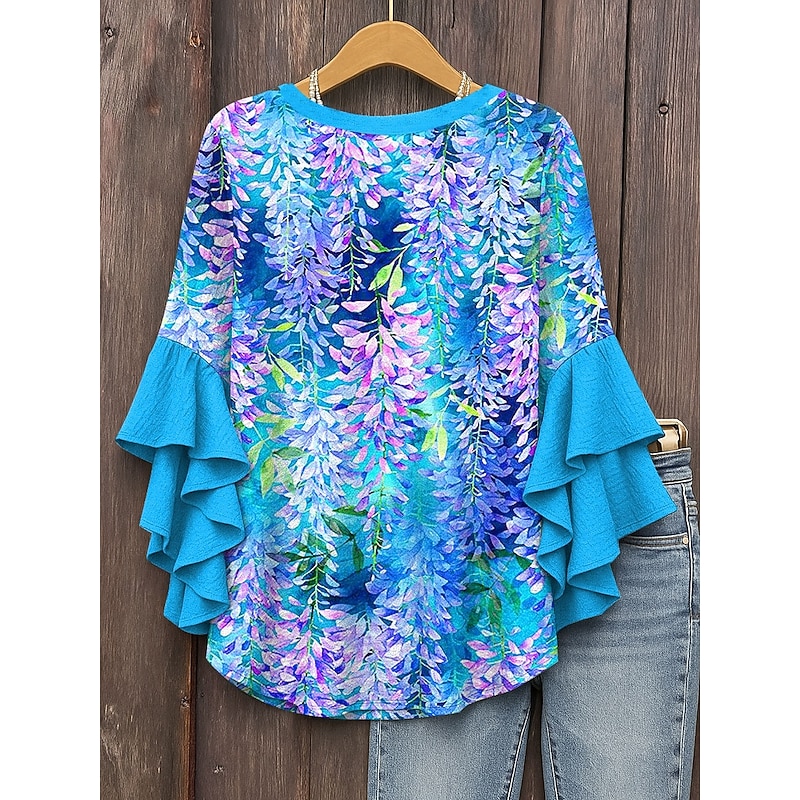 Women's Blouse V Neck Floral Graphic Daily Stylish Casual 3/4 Length Sleeve Regular Tops Daily Holiday Vacation Wear Print Pink Red Blue Green Summer Spring3
