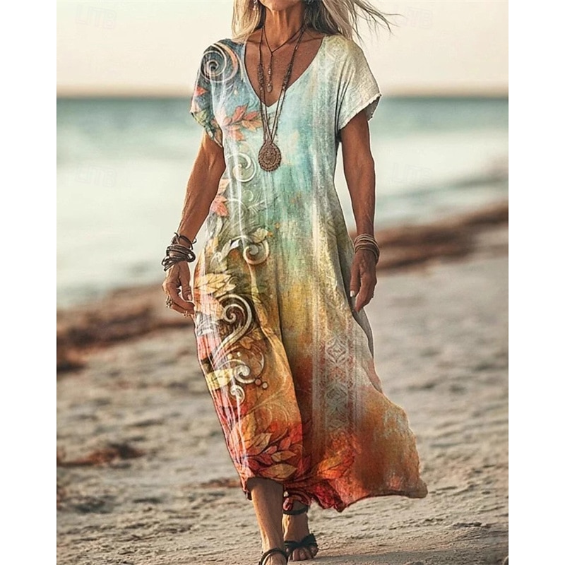 Women's Midi Dress Floral Dress Print Dress Classic Modern Vacation Holiday Weekend Regular Fit Flower Short Sleeve V Neck Yellow Green Khaki Apricot Summer3