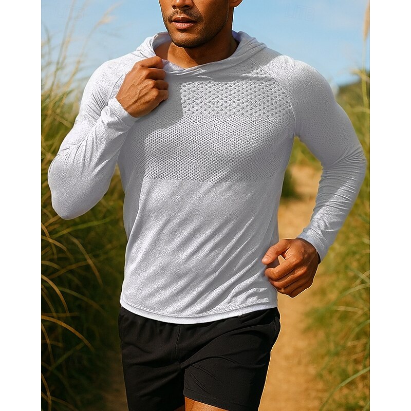 Men's Hoodie Sweatshirt Running Top Long Sleeve Tee Tshirt Geometric Quick Dry Lightweight Elastic Breathable Tennis Golf Running Sportswear Activewear Blue Dark Gray Light Grey4