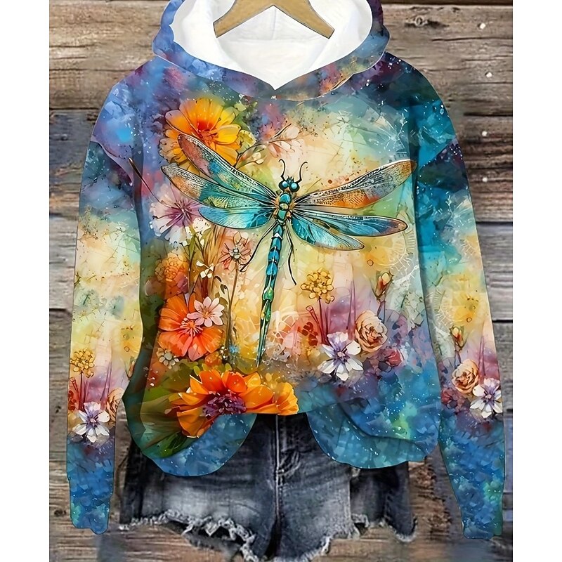 Women's Hoodie Pullover Sweatshirt Oversized Long Sleeve Casual Graphic Floral Animal Butterfly Vintage Retro Hooded Regular Tops Street Dailywear Print Pink Blue Spring Fall Winter