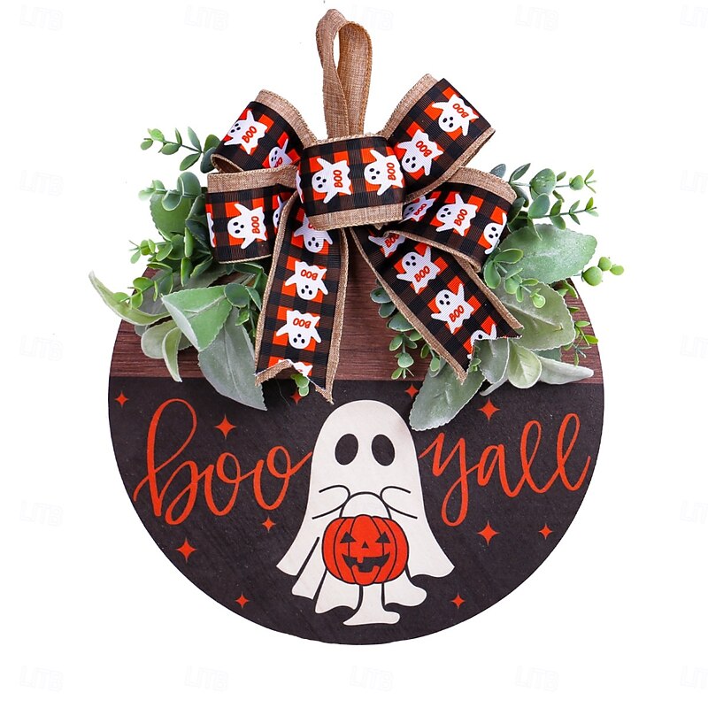 Halloween Door Sign Hanger Decorations, Orange Ribbon Wooden Sign with Ghost and Pumpkin BOO for Front Door Halloween Decor2