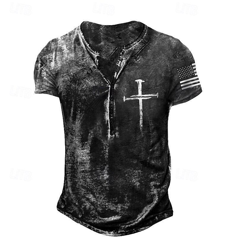 Men's Graphic Cross American Flag T Shirt Henley Shirt Tee Short Sleeve 3D Print Designer Basic Casual Outdoor Daily Sports Summer Black-White Blue Brown Light Grey Henley Henley T-Shirt2