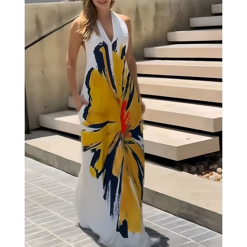 Women's Long Dress Maxi Dress Print Dress Classic Modern Outdoor Vacation Going out Regular Fit Flower Sleeveless Halter Neck White Summer4